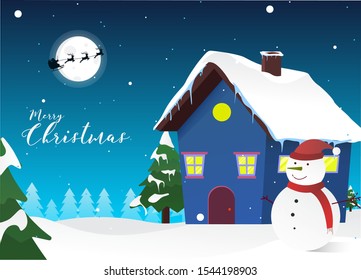 Flat snowy Christmas landscape at night. a house and christmas tree with background moon and the silhouette of Santa Claus flying on a sleigh.