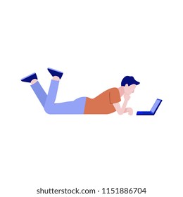Flat social communication concept with young man male characte lying at floor behind laptop taping, chatting, sending messages. Vector illustration
