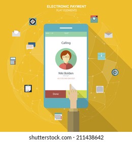 Flat social icons smartphone design infographics. UI flat design. Mobile app. Electroniv payment