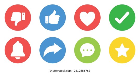 Flat social media icon set. Like, dislike, love, checkmark, notification bell, share, and chat bubble. Colorful round circle ui icons for app, website, feedback, and communication interface.