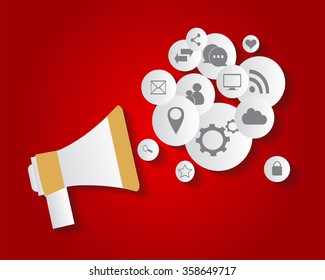 Flat social media icons in balloon with speaker vector eps 10 red
