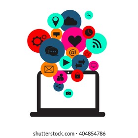 Flat social media icons in balloons with computer device vector eps 10 neon colors
