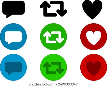 Flat social media icons, comment repost heart like, isolated vector symbol collection