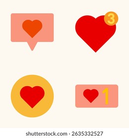 Flat social media icons with red hearts, love symbols, and notification badges in minimal modern style