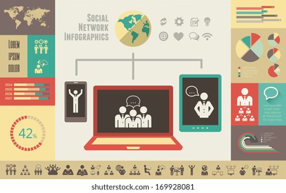 Flat Social Media Infographics plus Icon Set. Vector.