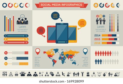 Flat Social Media Infographics plus Icon Set. Vector.