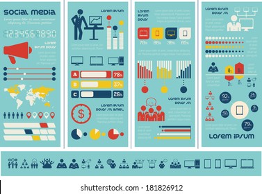 Flat Social Media Infographics plus Icon Set. Vector.