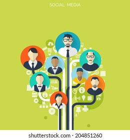 Flat social media and network concept. Business background, global communication. Web site profile avatars. Connection between people. Forum map.