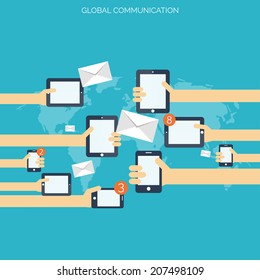 Flat social media and network concept. Global communication. Web site profile avatars. Connection between people. Forum map.
