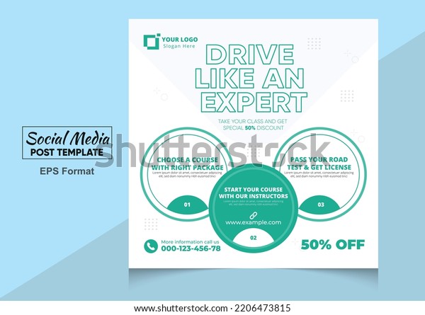 Flat social media post design for driving\
school or Car Driving School Post Template Social Media Flat \
Vector Illustration\
