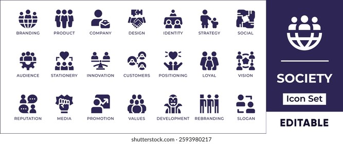 Flat society, teamwork, and cooperation icon set featuring community, collaboration, leadership, partnerships, social groups, networking, and corporate team dynamics.