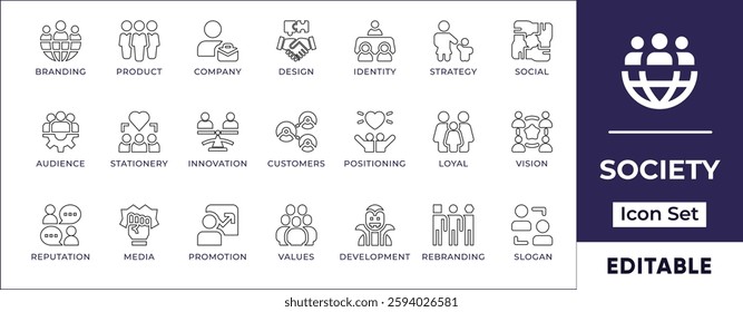 Flat society, teamwork, and cooperation line icon set featuring community, collaboration, leadership, partnerships, social groups, networking, and corporate team dynamics.