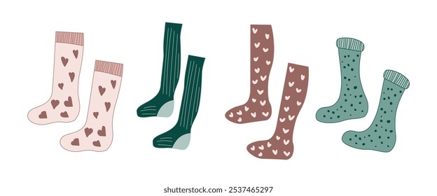 Flat sock icon design. Green winter hosiery with pattern isolated graphic collection. Cute wool cloth for holiday, cozy autumn day or valentine for woman. Stripe and dot drawing on warm pair