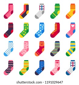 Flat socks. Long sock for child feet, elastic colorful fabric and striped Xmas warm kids ankle or sport feet cotton or wool comfort clothes vector isolated icons set