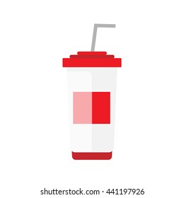 Flat soda takeaway illustration. Street drink icon. Cold white red container vector with straw. Isolated cola on white background. Street fast food