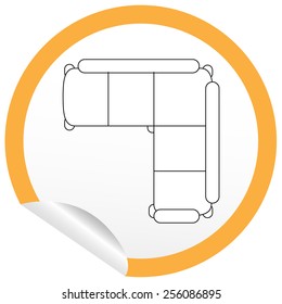 Flat sofa icon on sticker for floor plan outline. Line editable EPS10 vector furniture illustration. View from above