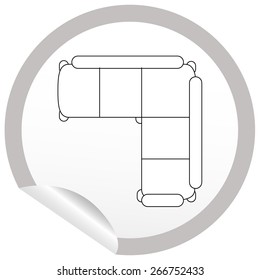 Flat sofa icon on sticker for floor plan outline. Line editable EPS10 vector furniture illustration. View from above