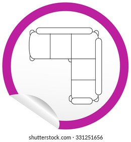 Flat sofa icon on sticker for floor plan outline. Line editable EPS10 vector furniture illustration. View from above