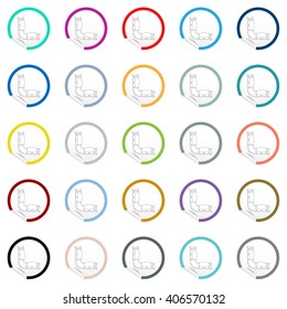 Flat sofa icons on sticker for floor plan outline. Line EPS10 vector furniture illustration. View from above