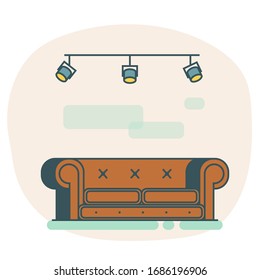 Icono aislado del sofá plano. Sofá de cuero de icono con lámparas metálicas en el techo. Icono de sofá marrón vectorial plano. Ilustración vectorial para una tienda de muebles, sitio web, artículo, postal, portada, catálogo.