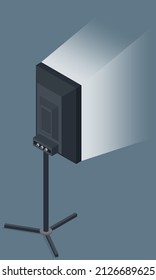 Flat softboxes for shooting lighting. Softboxes and spotlight for filming in studio. Professional equipment and light for shooting actors and models. Photo session or movie creation process elements