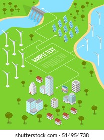 Flat solar consumer buildings connecting with solar system, dam, wind and hydro turbine infographics template vector illustration. Renewable Power and Energy economy concept.