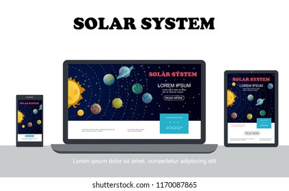 Flat solar system colorful concept with sun planets stars adaptive for mobile laptop tablet screens resolution isolated vector illustration