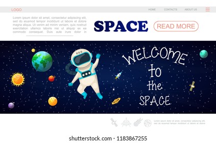 Flat solar system landing page template with sun planets astronaut in outer space spaceship stars satellite vector illustration