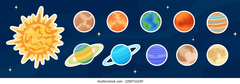 Flat solar system planet art sticker set, comic space sphere vector patch, cartoon round celestial object design label collection on blue cosmic background for science game graphic illustration