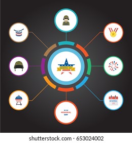 Flat Soldier Helmet, Firecracker, Medallion And Other Vector Elements. Set Of Day Flat Symbols Also Includes Man, Sparklers, Headgear Objects.