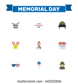 Flat Soldier Helmet, History, Decoration And Other Vector Elements. Set Of Day Flat Symbols Also Includes Instrument, Medallion, Helmet Objects.