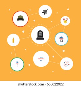Flat Soldier Helmet, Medallion, Firecracker And Other Vector Elements. Set Of Memorial Flat Symbols Also Includes Day, Plane, Bbq Objects.