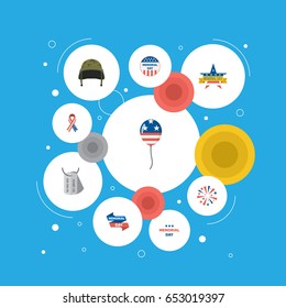 Flat Soldier Helmet, Memorial Day, Decoration And Other Vector Elements. Set Of Day Flat Symbols Also Includes Memorial, Usa, Decoration Objects.
