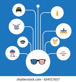 Flat Soldier Helmet, Spectacles, Medallion And Other Vector Elements. Set Of Memorial Flat Symbols Also Includes Glasses, Cap, Usa Objects.