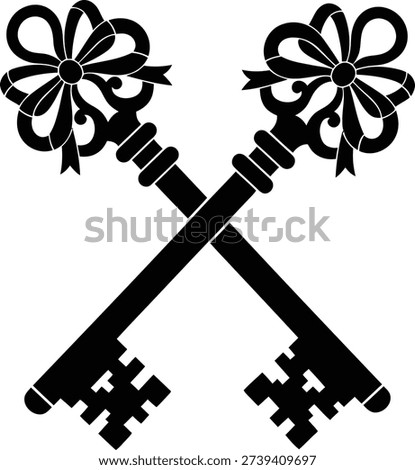 A flat solid black icon of two keys crossed in an X shape Each key features a complex bow comprised of multiple loops forming a rosette shape from which two tails hang The key stems are segmented with alternating thicker and thinner sections The bit of each key is multi pointed creating a complex geometric shape The entire composition is centered on a 1 1 square layout and has balanced negative space No gradients or shadows are present Solid black fill with a white background