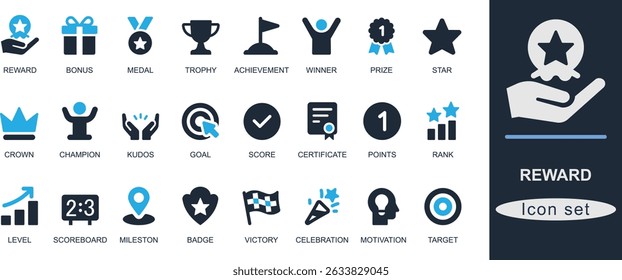 Flat solid black reward icon set featuring trophy, medal, badge, gift, achievement, prize, star, loyalty, winner, and celebration. Perfect for business and app UI design.