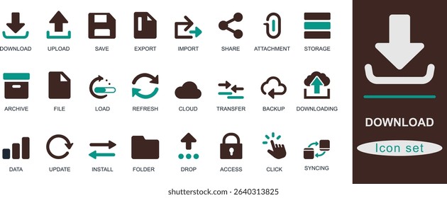 Flat solid download icon set. Featuring upload, save, export, import, file, folder, cloud, sync, and transfer. Ideal for UI, web, and app interface design.