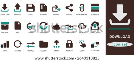 Flat solid download icon set. Featuring upload, save, export, import, file, folder, cloud, sync, and transfer. Ideal for UI, web, and app interface design.
