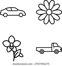 Conjunto de iconos de vehículos de línea sólida plana - coche deportivo, SUV, Minivan, Ambulancia - Iconos de transporte de contorno mínimo para UI, App, Web, entrega, emergencia, diseño automotriz