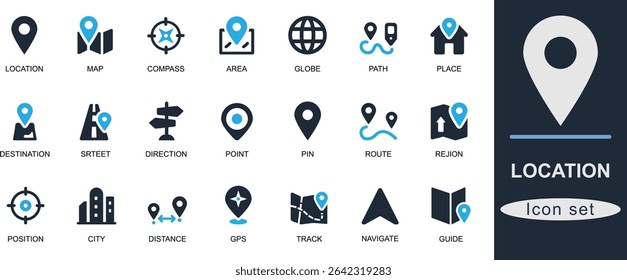 A Flat solid location icon set with pin, map, route, compass, GPS, target, guide, and navigation elements. Perfect for UI, travel, map, and app design.