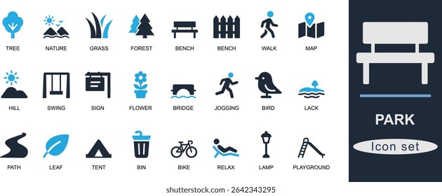 Flat solid park icon set with tree, bench, grass, trail, picnic, bike, garden, and camping elements. Ideal for UI, maps, outdoor, and nature designs.