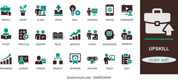 Flat solid upskill icon set featuring training, learning, course, certificate, growth, career, mentor, and online class. Ideal for UI, apps, and education.