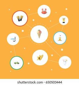 Flat Sorbet, Anti-Sun Cream, Castle And Other Vector Elements. Set Of Summer Flat Symbols Also Includes Sun, Swimming, Sand Objects.