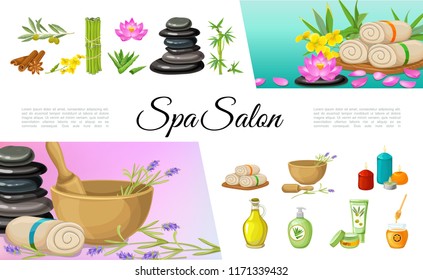 Flat spa salon elements collection with cinnamon sticks olive oil cream stones bamboo lotus flower towels aloe vera aroma candles honey vector illustration