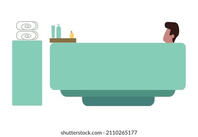 Salón de spa plano con hombre relajado en ilustración vectorial de baño