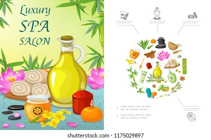 Flat spa salon template with natural oil aroma candles honey towels lotus flower stones aloe vera cream bamboo cinnamon olive branch vector illustration