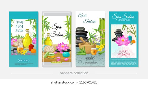 Flat spa salon vertical banners with natural oil towels honey aroma candles lotus flowers herbs stones mortar bamboo aloe vera vector illustration