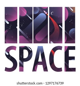 Flat space background, vector surface of the planet with craters, comets, rocket, vector illustration isolated on white background