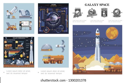 Flat space colorful composition with rocket launch moon rover and truck satellite scientists futuristic interface galaxy research infographics mars exploration labels vector illustration