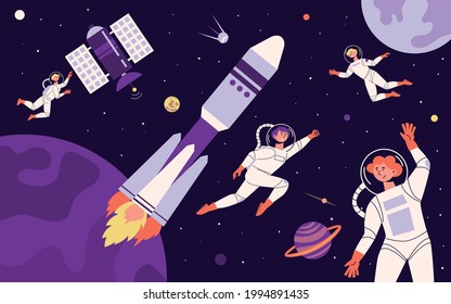 Flat space composition abstract situation astronauts are in weightlessness in space and around them satellites space stations and planets